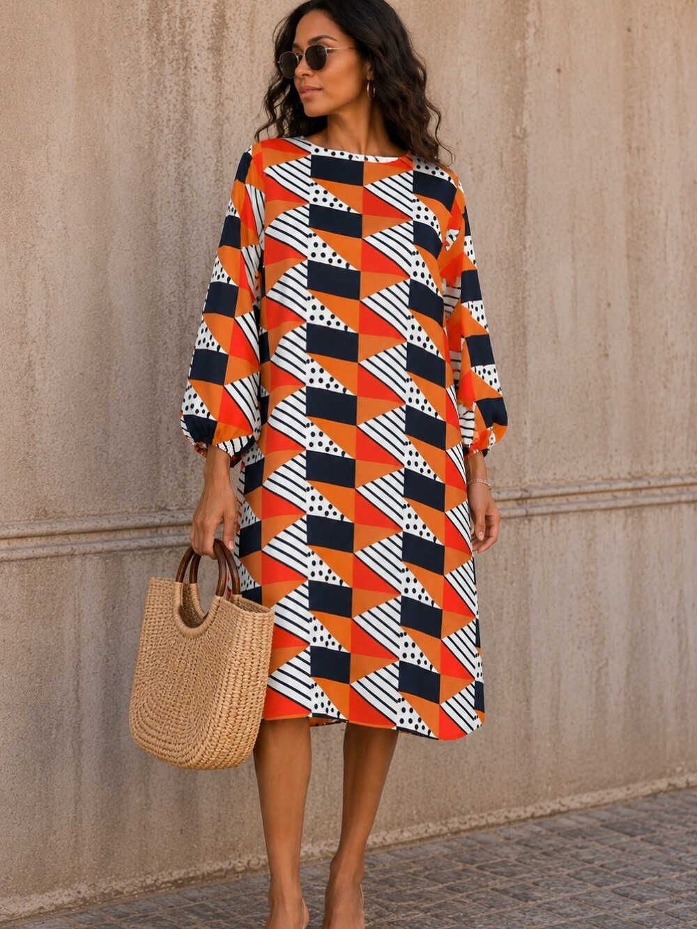 The Odells Geometric Mod Tunic Dress XL Orange Navy Midi Retro Balloon Sleeve